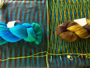 Wollmeise lace-weight multis knitted and on the skein