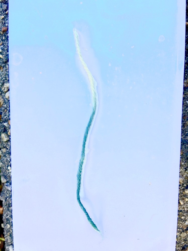 test sample of yarn overdyed in black rice bath