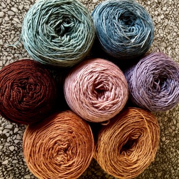 Yarn dyed with avocado skin, black beans, black rice, with pH modifiers