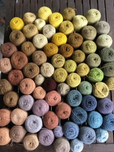 73 cakes of plant-dyed yarn in many colors