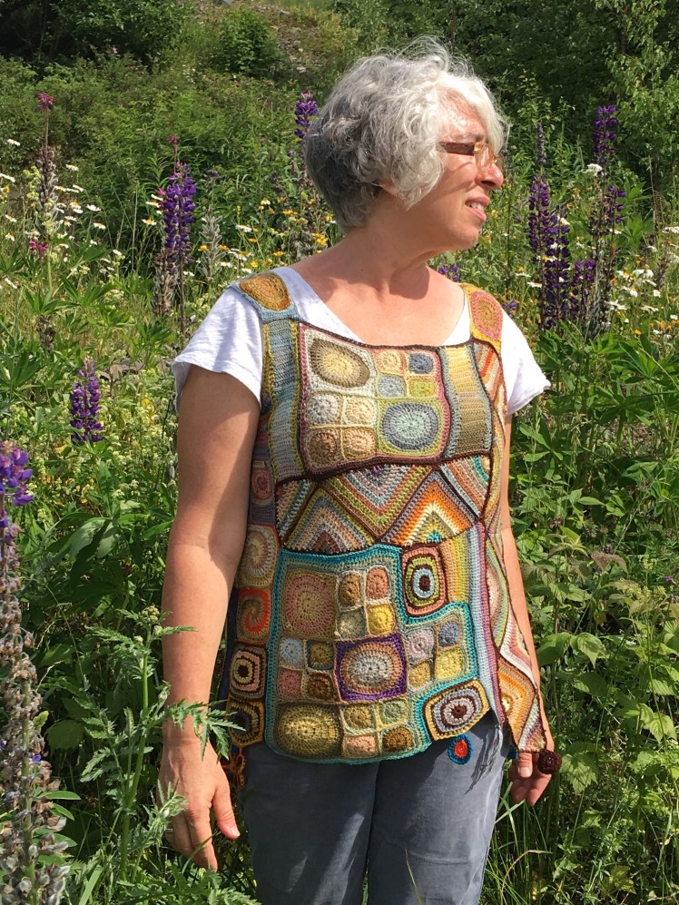 Crochet patchwork top showing motifs on right side