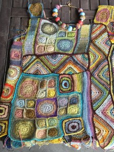 Assembly of second side of crocheted patchwork top is completed