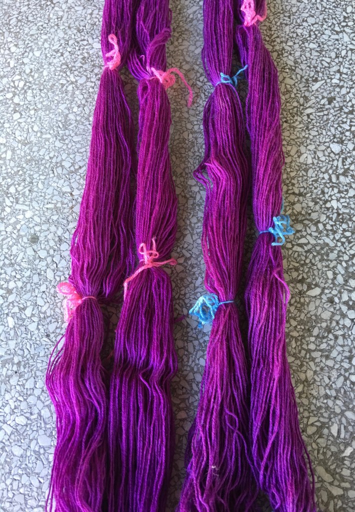 Fermented pokeberry dyed yarn