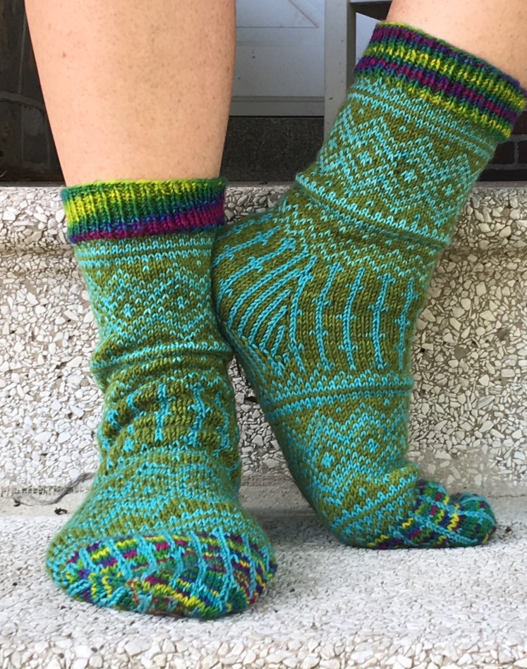 Front and side of Katherine Misegades' Peaks & Valleys socks