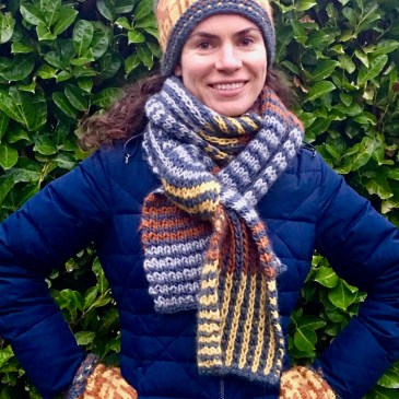 Knitted hat, mittens, scarf