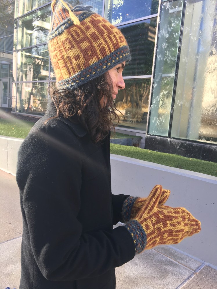 Knitted hat and mittens set, side view