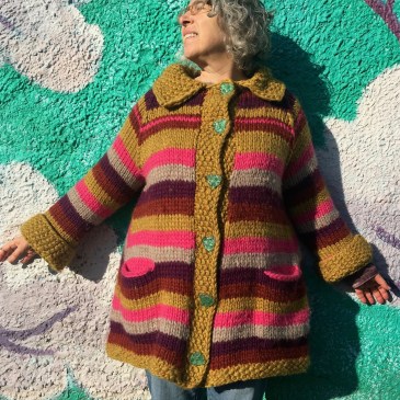 Front view of modeled knitted coat