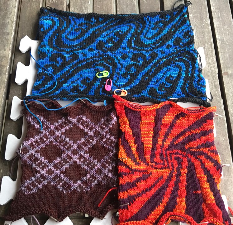 Machine-knit swatches of patterns preprogrammed into Brother KH965i knitting machine