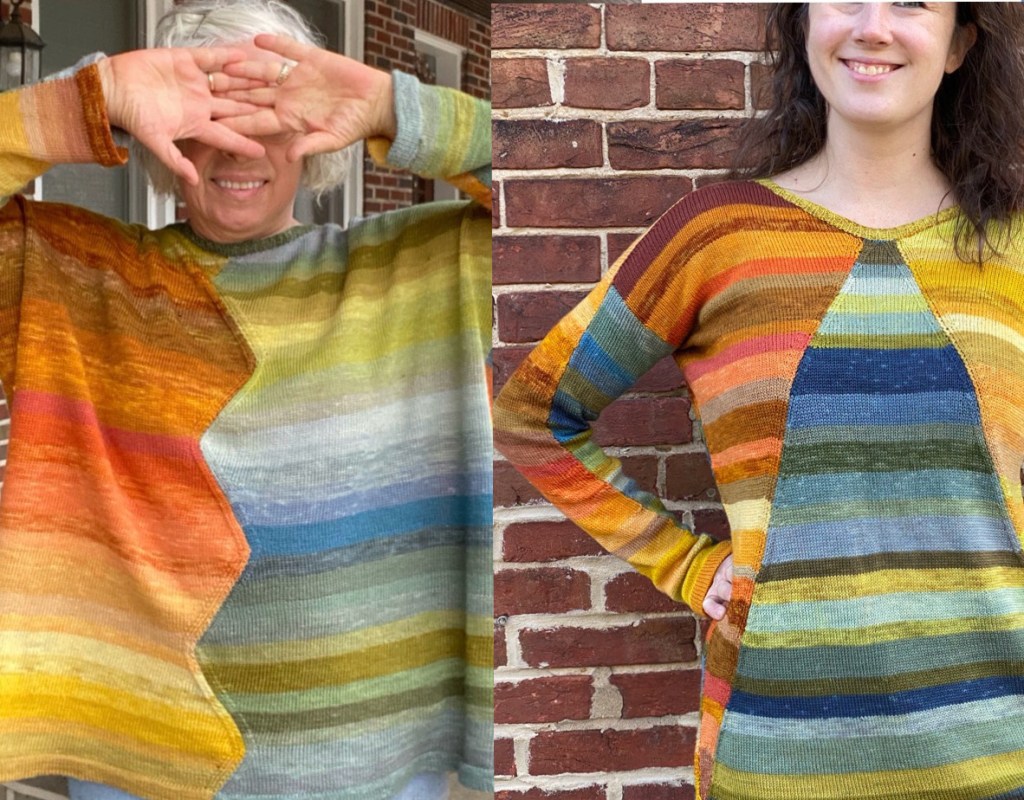 Two paneled machine-knit pullovers knit from plant-dyed yarn