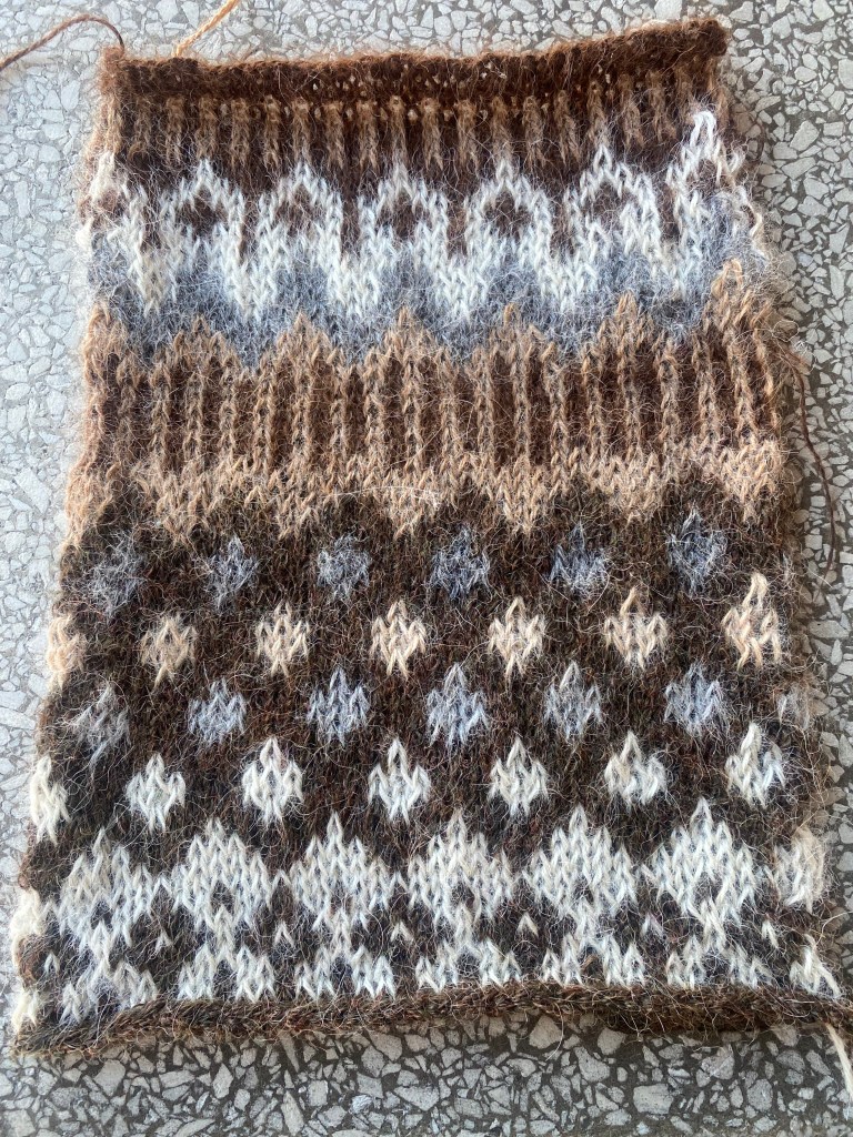 Swatch to check viability of combining heavier weight alpaca yarn with lighter weight alpaca yarn in a stranded pattern