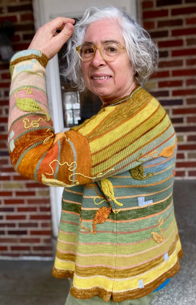 Repairs on back, side, and sleeve in leaf shapes, embroidered tendrils, and duplicate stitch rectangles