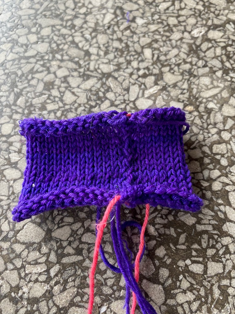 Completed no-show seam swatch, seam closed.